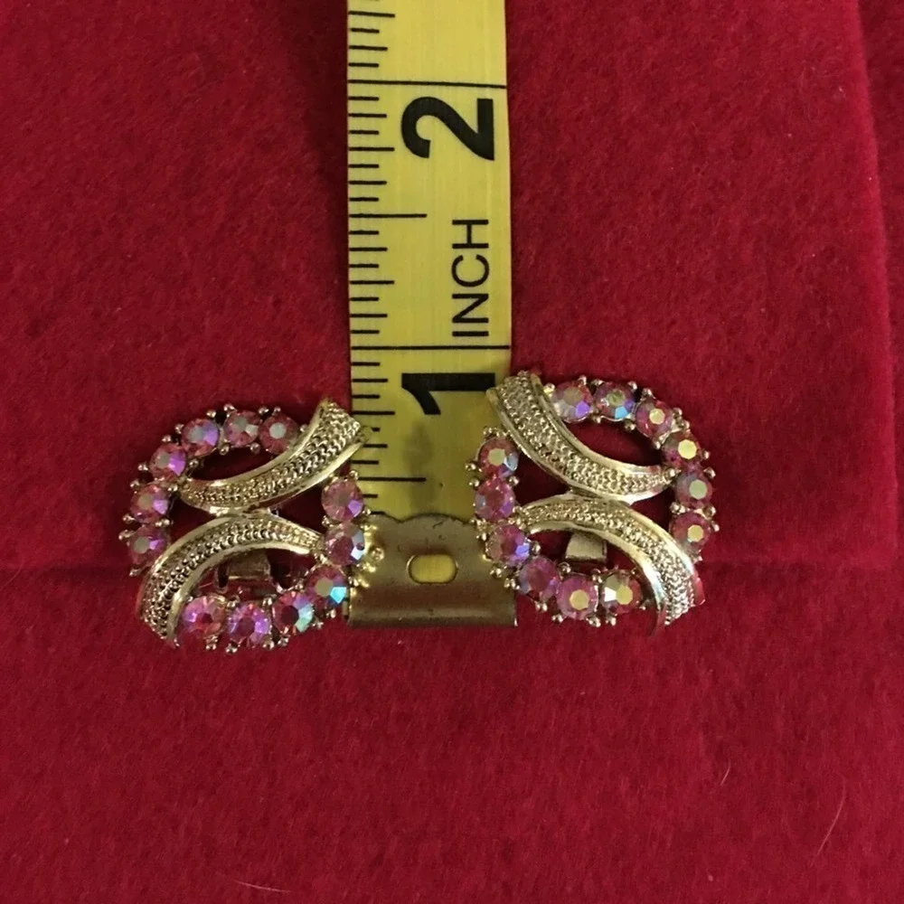 Vintage Pink Aurora Crystal Circle Ribbon Earrings Gold Tone